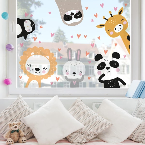 Fenstersticker Kinderzimmer - Safari Tier Set | Kinder Fensterfolie Babyzimmer Aufkleber Fensterdeko Zoo Dschungel Panda Löwe Baby