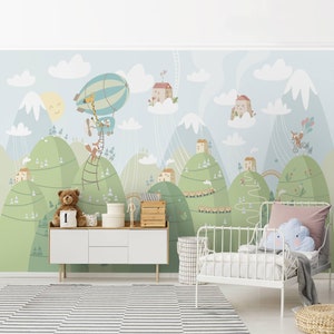 Non-woven Wallpaper Forest With Houses and Animals Mural Landscape ...
