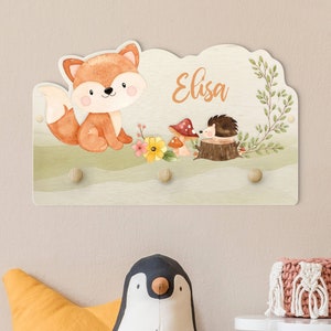 Children's coat rack - Watercolour Forest Animal Fox With Customised Name | Wall Coat Rack Child Kids