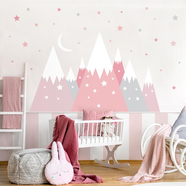 Wandtattoo mehrfarbig Kinderzimmer - Schneebedeckte Berge Sterne und Mond | Kinderzimmer Baby Wandsticker Babyzimmer Wandaufkleber Wanddeko