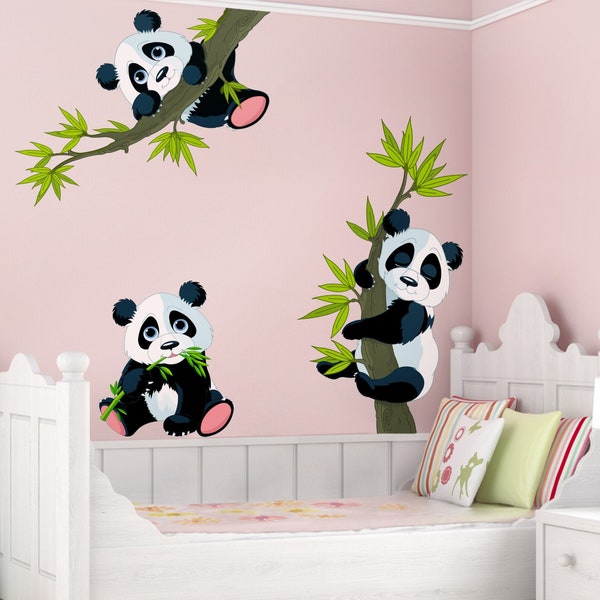 Vinilo infantil - Juego de pandas | Vinilos de pared Decoración Dormitorio Cuarto Habitación Niños Bebes Osos Rama