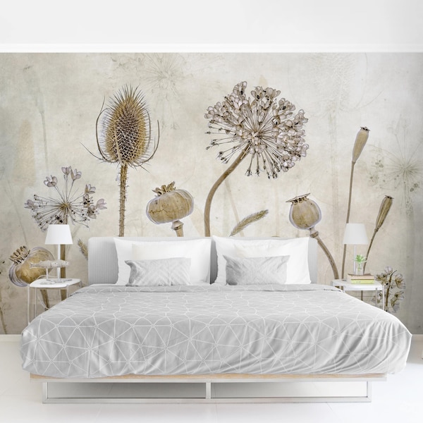 Tapete XXL Blumen Vintage Shabby | Fototapete Pusteblume Weiß Sepia Blumentapete Schlafzimmer