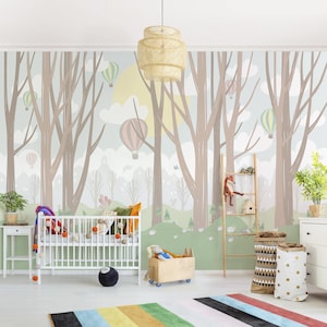 Non-woven Wallpaper - Sun With Trees And Hot-Air Balloons - Mural Landscape Format | Nursery and child's room Children American Indian