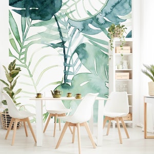 Non-woven Wallpaper - Palm Fronds In Water Color II | Mural Square Format Watercolor Floral Living Room Bedroom