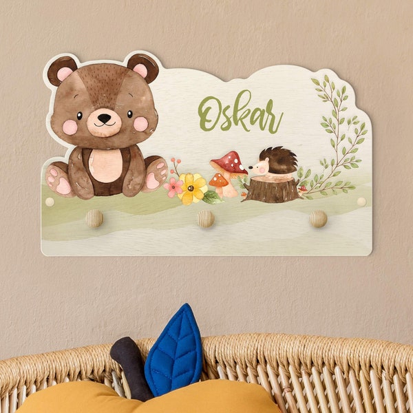 Armoire pour enfants en bois - ours animal de la forêt aquarelle avec le nom souhaité | Porte-manteau mural pour chambre d'enfant