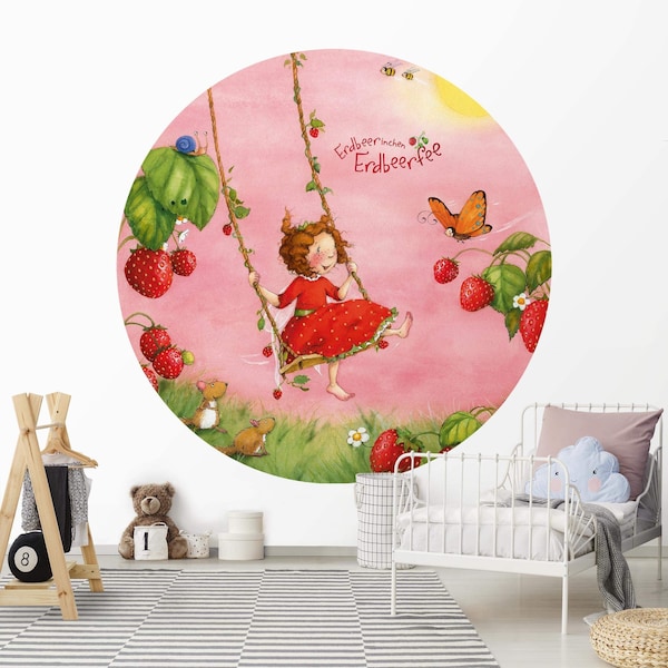 Runde Tapete selbstklebend Kinderzimmer - Erdbeerinchen Erdbeerfee - Baumschaukel | Kindertapete Babyzimmer Kinder Fototapete Babytapete