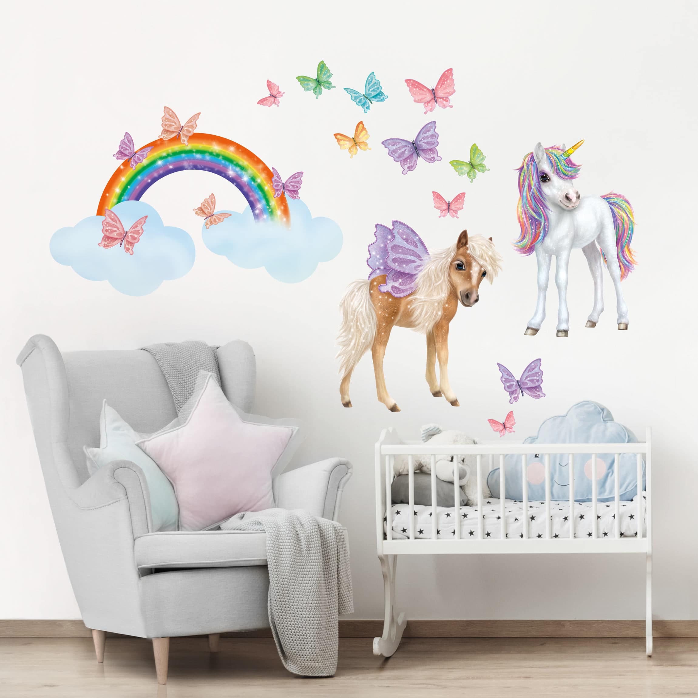 Wandsticker Wandtattoo XXL Schmetterlinge Babyzimmer Wandaufkleber Set Einhorn Mädchen Mädchen Mädchenzimmer Kinder Pferd Regenbogen