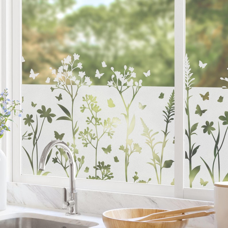 Frosted glass film wildflowers butterflies border Film privacy protection, static cling, flower window decoration, window picture, glass decoration, balcony door image 4