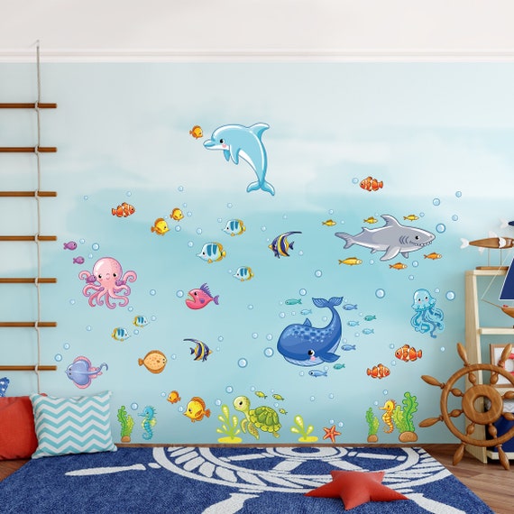 Fish Sticker Etsy Kong Children Set Wall Hong Wall Underwater Animals Stickers World -