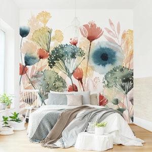 Tapete Blumen selbstklebend Bunte Wildblumen Aquarell Watercolour weiß Fototapete XXL Vliestapete Schlafzimmer Blumentapete Bild 2