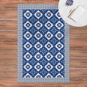 Vinyl Floor Mat Moroccan Tiles Watercolour Blue With Tile Frame Floor Mat Vinyl Carpet PVC Kitchen Floor Protection image 3