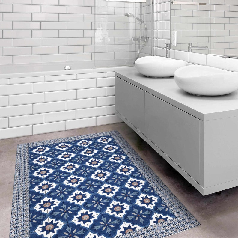 Vinyl Floor Mat Moroccan Tiles Watercolour Blue With Tile Frame Floor Mat Vinyl Carpet PVC Kitchen Floor Protection image 2
