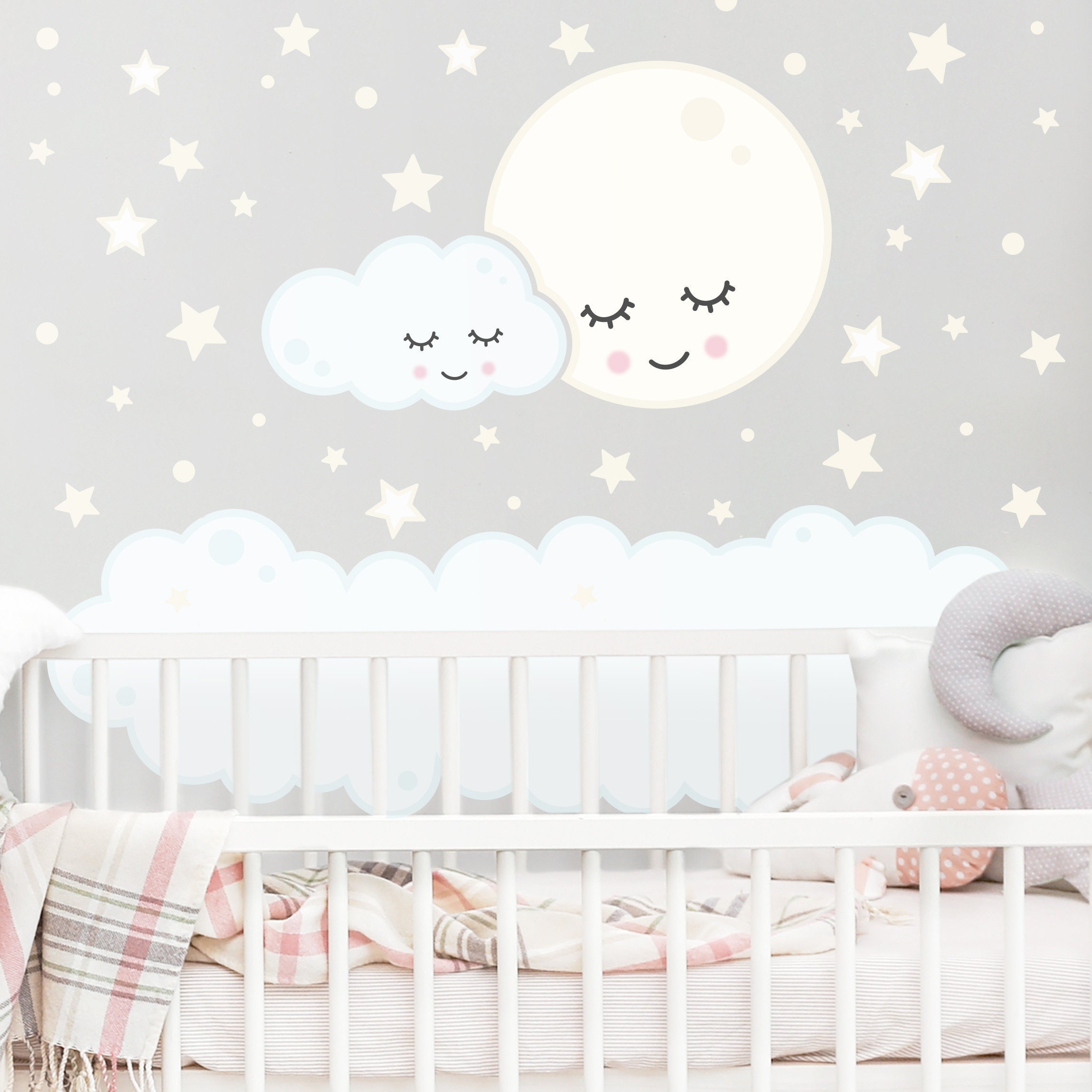 Wandtattoo Kinderzimmer Sterne Mond Wolke mit schlafenden Augen Kinder  Wandsticker Babyzimmer Wandaufkleber Wanddeko Süß Baby