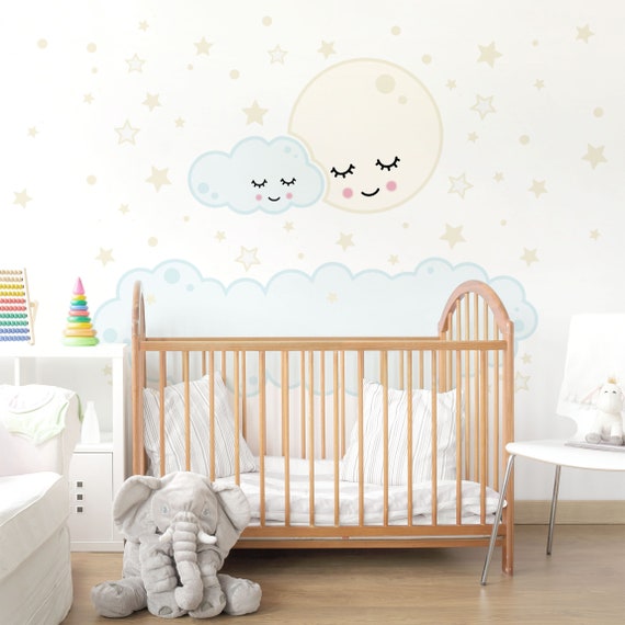 Adesivi murali bambini Stelle Luna, Nube con il sonno gli occhi Stickers  cameretta bimbi neonati bimbo bimba nuvole orsetto composizione -   Italia