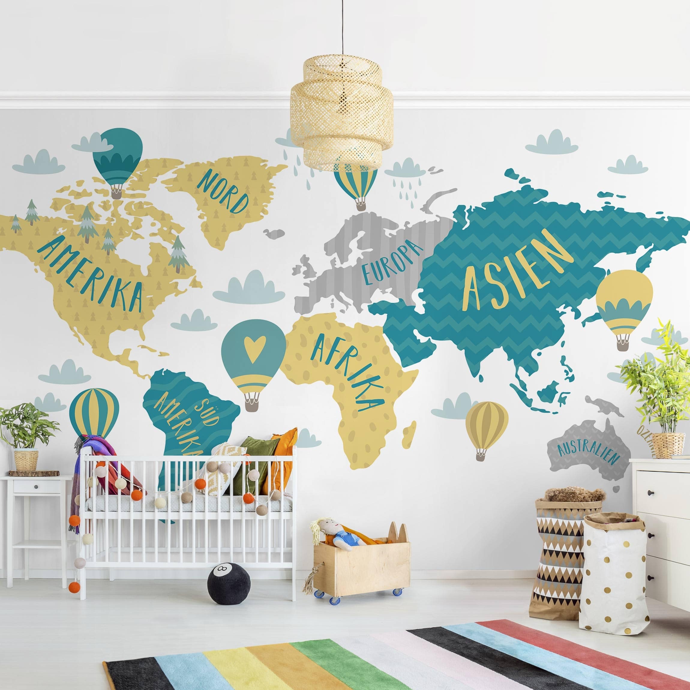 Wallpaper Children's Room World Map With Hot Air Balloon Etsy