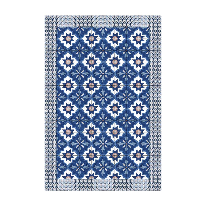 Vinyl Floor Mat Moroccan Tiles Watercolour Blue With Tile Frame Floor Mat Vinyl Carpet PVC Kitchen Floor Protection image 5
