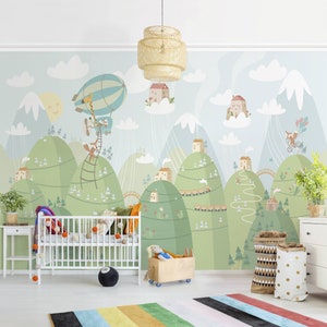 Non-woven Wallpaper Forest With Houses and Animals Mural - Etsy