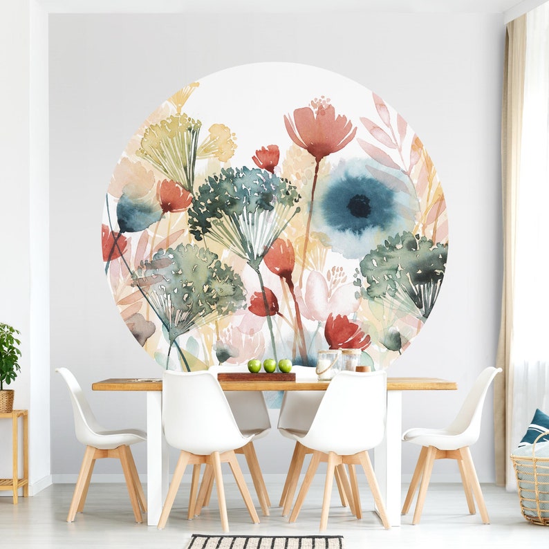 Round wallpaper self-adhesive Wild Flowers In Summer I Bedroom Living Room Floral Image image 1