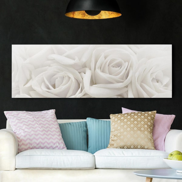 Stampa su tela - Rose bianche | Stampa canvas orizzontale panoramico fiori rose bianche natura composizione decorazione parete soggiorno