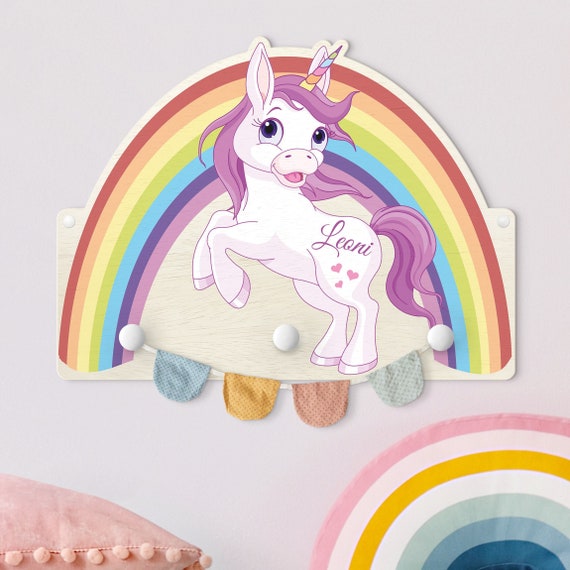 Children s Coat Rack Unicorn Rainbow With Customised Name Wall