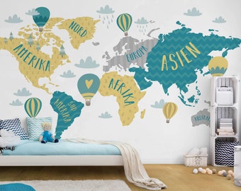 Wallpaper Children's Room - World Map with Hot Air Balloon | Children Child Wallpaper Mural Baby Wallpaper Baby Room