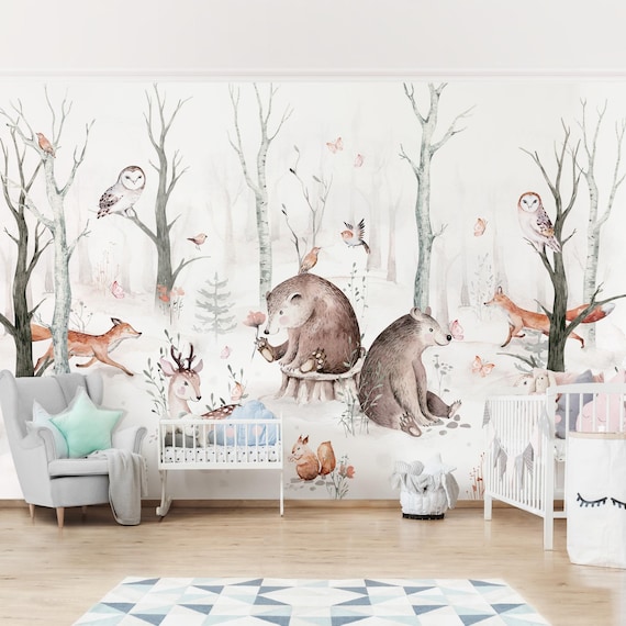 Papier peint chambre d'enfant Amis animaux de la forêt aquarelle Papiers  peints pour Enfants Peinture murale Chambre de bébé Chambre de garçon  Chambre de fille Chambre d'enfant -  France