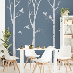 Wall sticker for kids - birch forest leaves birds gray | Children wall stickers astronomy earth moon