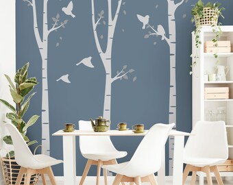 Sticker mural chambre enfant - forêt de bouleaux laisse oiseaux gris | Chambre des filles stickers muraux décoration murale