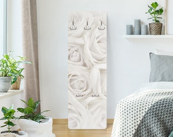 Wandgarderobe - Blumenmotiv Weiße Rosen | Landhaus Weiß | Garderobe Holzpaneel Garderobenpaneel Holz Hängegarderobe