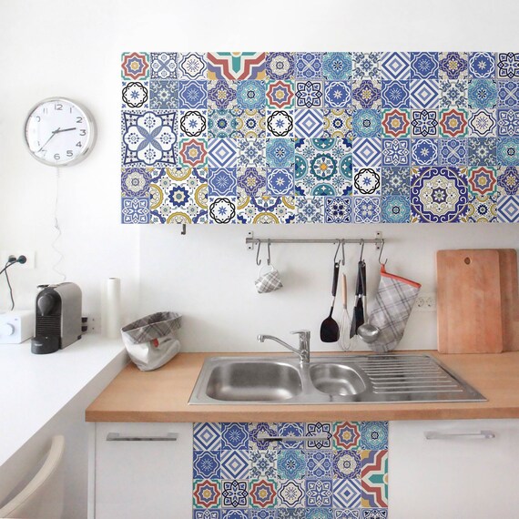 Carta adesiva per mobili Mosaici portoghesi Pellicola adesiva Decorazione  pareti autoadesivo Cucina Blu Colorato -  Italia