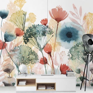 Papier peint fleurs autocollant fleurs sauvages colorées aquarelle blanc Papier peint photo XXL papier peint intissé chambre à coucher papier peint à fleurs image 3