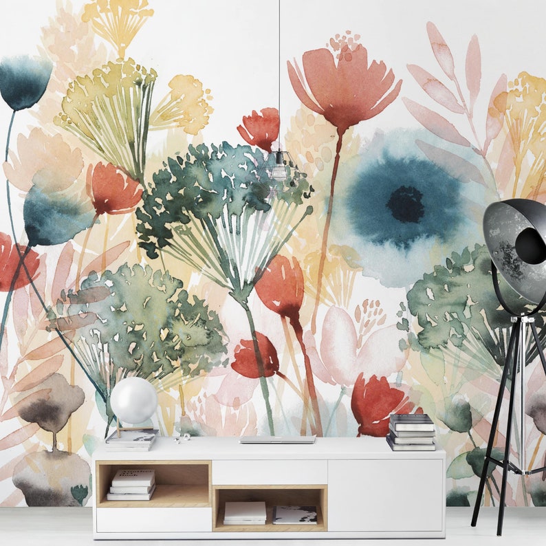 Tapete Blumen selbstklebend Bunte Wildblumen Aquarell Watercolour weiß Fototapete XXL Vliestapete Schlafzimmer Blumentapete Bild 3