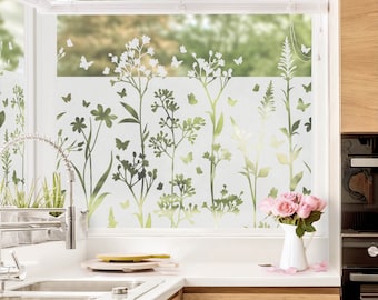 Película de vidrio esmerilado flores silvestres frontera de mariposas | Película de protección de la privacidad, adherencia estática, decoración de ventanas con flores, imagen de ventana, decoración de vidrio, puerta de balcón