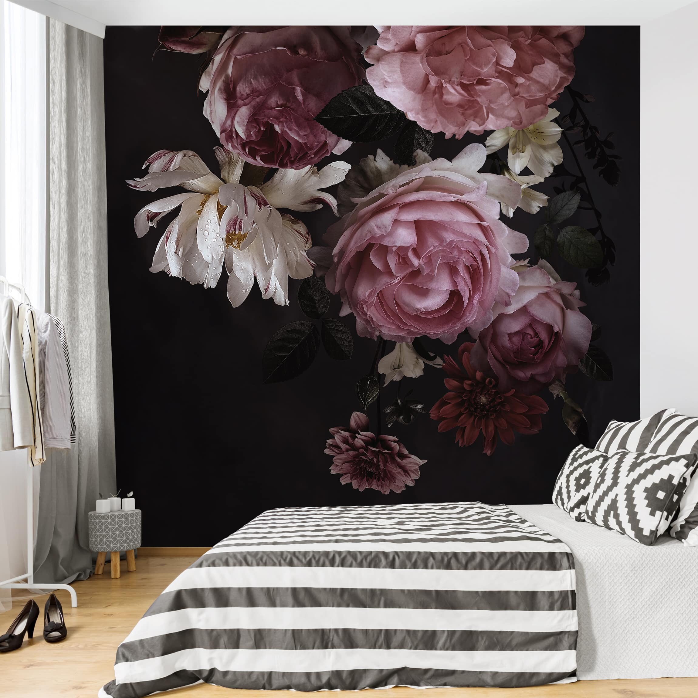 Non-woven Wallpaper Pink Flowers on Black Wall Mural - Etsy Non-woven Wallpaper Pink Flowers on Black Wall Mural - Etsy