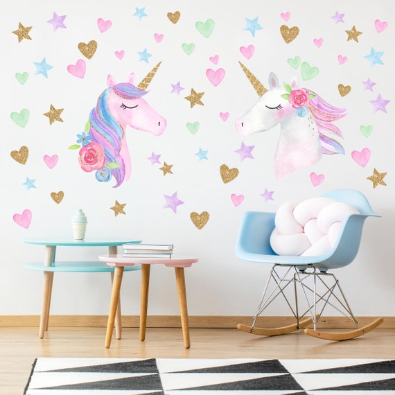 Adesivi murali bambini Acquerello Unicorn Gold Glitter Set XL Stickers  cameretta Decorazioni pareti stanza bimbi dolci -  Italia