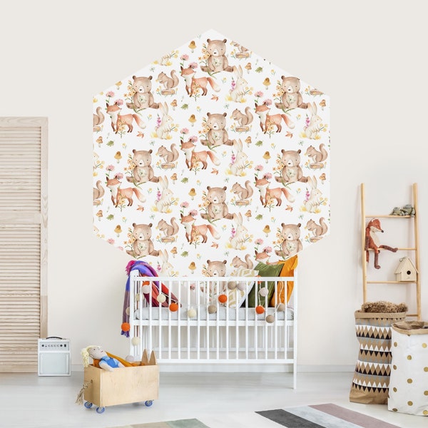 Hexagon wallpaper - Watercolour Forest Animals Bear And Fox | Bedroom Living Room Landscape