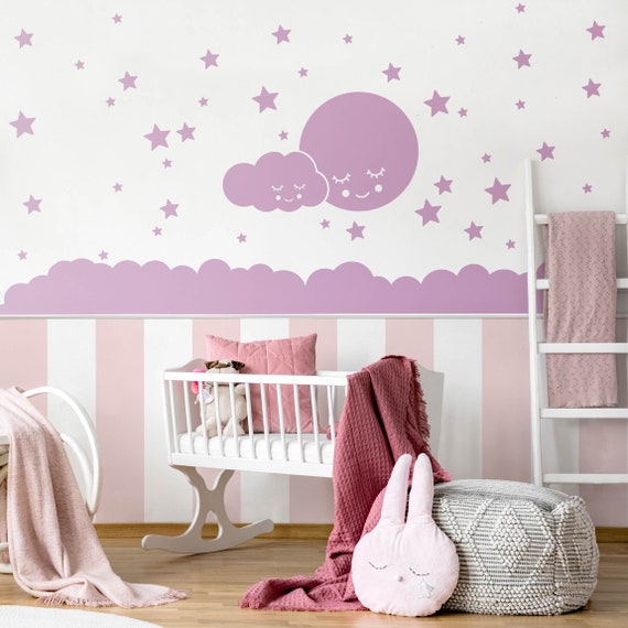 Adesivi murali bambini Luna, Nube E Le Stelle Stickers cameretta bimbi  neonati bimbo bimba nuvole orsetto composizione -  Italia