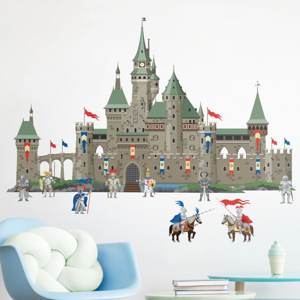 Adesivi murali bambini - Castello del Grande Cavaliere di cavalieri e cavalli | Stickers cameretta Decorazioni pareti stanza bimbi