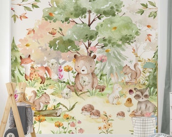 Papier peint chambre d'enfant - animaux de la forêt aquarelle | Enfants Papiers peints pour enfants Peinture murale Chambre de bébé Garçons Filles Chambre d'enfant