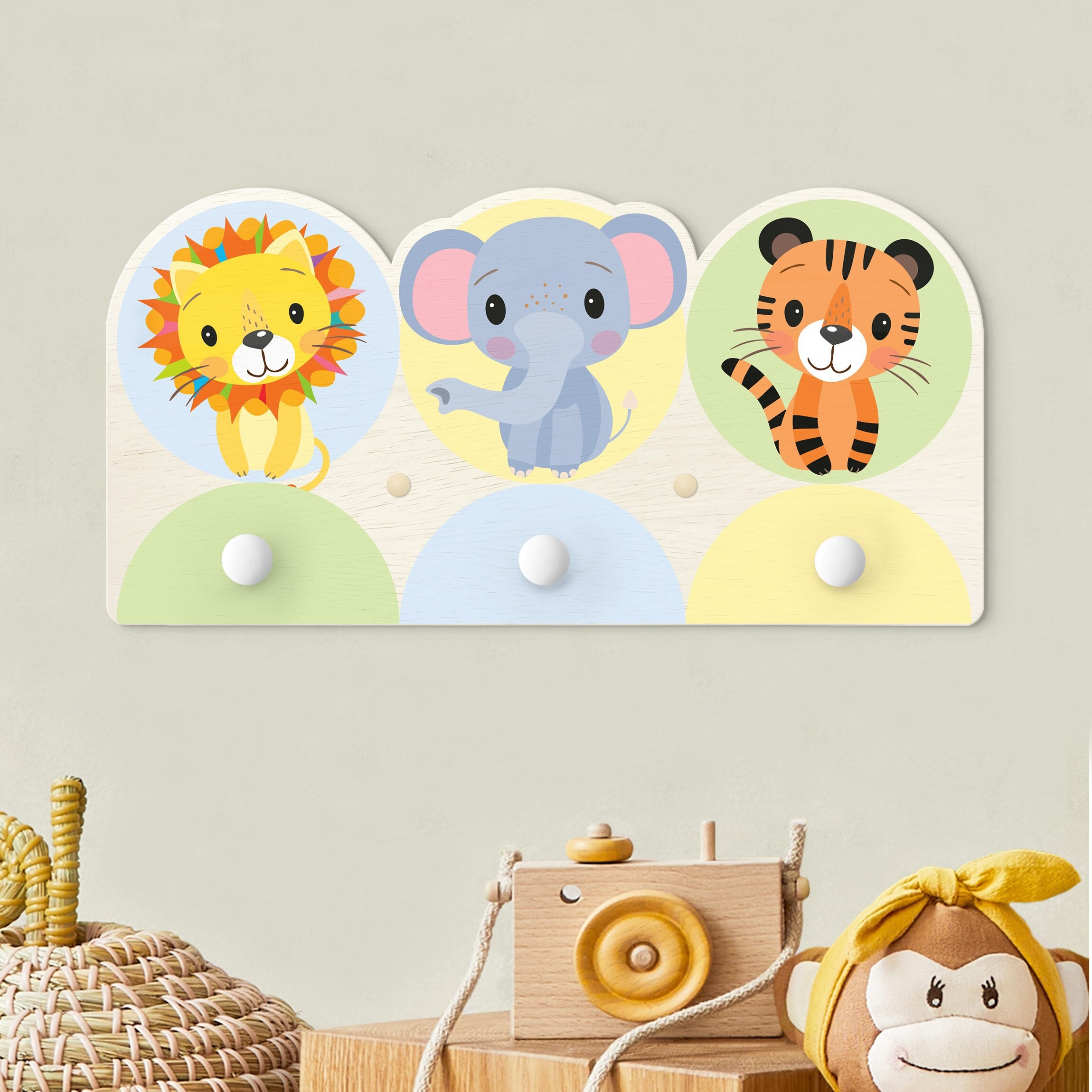 garde-robe pour enfants en bois - lion elephant tiger | armoire murale chambre d'enfant