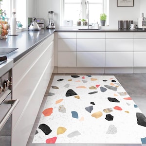 Vinyl Floor Mat - Elisabeth Fredriksson - White Terrazzo With Gold Stones | Floor Mat Vinyl Carpet PVC Kitchen Floor Protection
