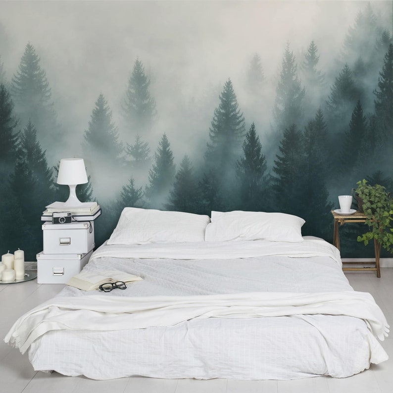 Tapete Wald im Nebel Nebeliger Nadelwald Bäume Tannen Fototapete Breit, Vliestapete Wandtapete Schlafzimmer Jäger Bild 1