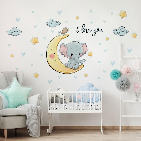 Vinilos infantiles Elefante luna te amo Niños niñas bebes pegatinas cuarto  habitación pequeños decoración pared mural -  España