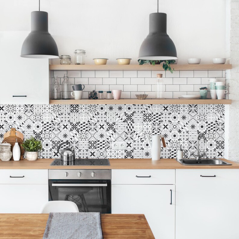 Selfadhesive Splashback Geometric Tiles Mix Black Kitchen Etsy UK