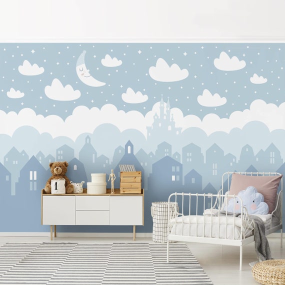 Papel pintado infantil Cielo azul con estrellas, lunas y casitas Decoracion  paredes murales cuarto habitacion niños bebes -  España