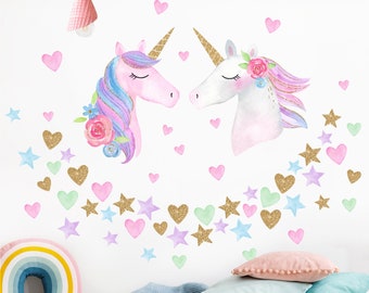 Wall Sticker - Watercolor Unicorn Gold Glitter Set XL | Children wall stickers animals
