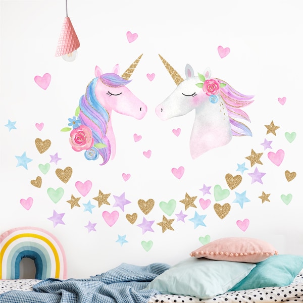 Wandtattoo Kinderzimmer Mädchen - Aquarell Einhorn Gold Glitzer Set XL | Mädchenzimmer Wandsticker Babyzimmer Wandaufkleber Wanddeko Süß