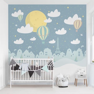 Non-woven Wallpaper - Paris With Stars And Hot-Air Balloon - Mural Landscape Format | Nursery and child's room Children