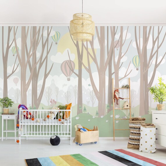 Tapete Kinderzimmer Sonne Baume Wald Heissluftballons Etsy