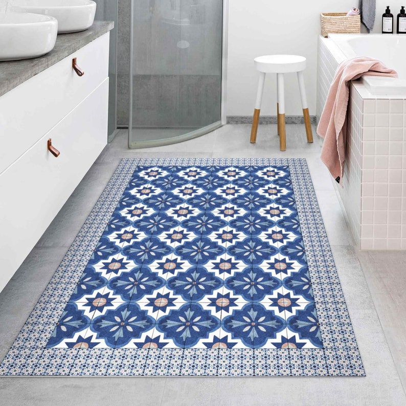 Vinyl Floor Mat Moroccan Tiles Watercolour Blue With Tile Frame Floor Mat Vinyl Carpet PVC Kitchen Floor Protection image 1